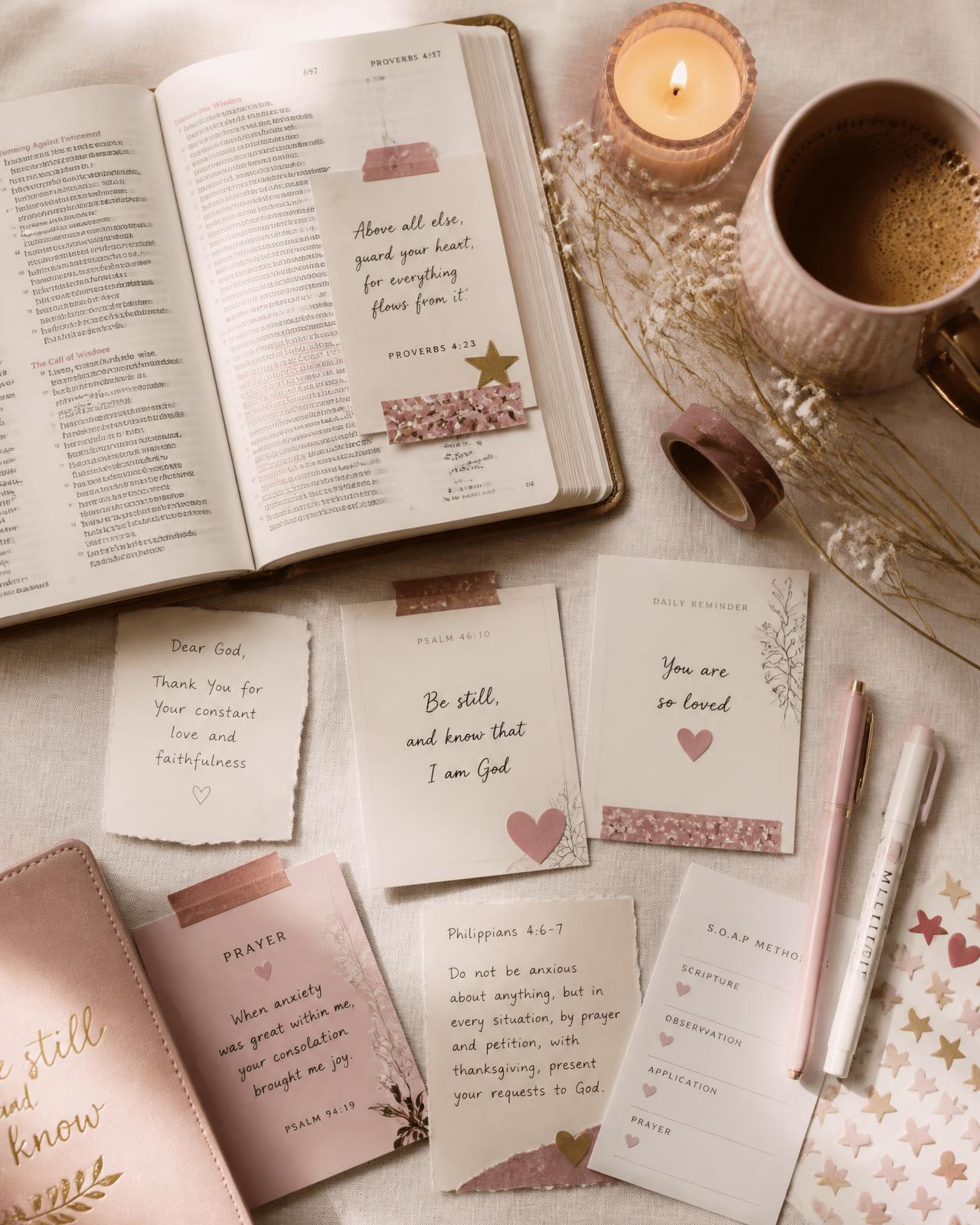 Bíblia aberta com cards de versículos, marca-páginas, adesivos, vela e café sobre mesa clara