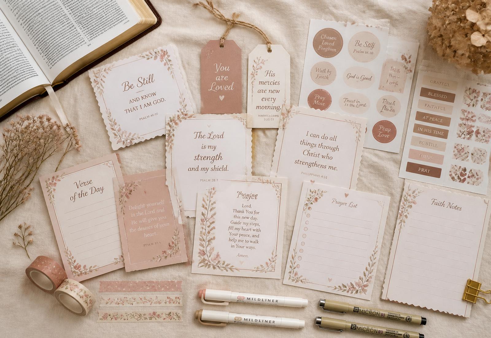 Flat lay dos materiais do kit impressos: cards de versículos, marca-páginas, tags, adesivos, canetas e fitas decorativas